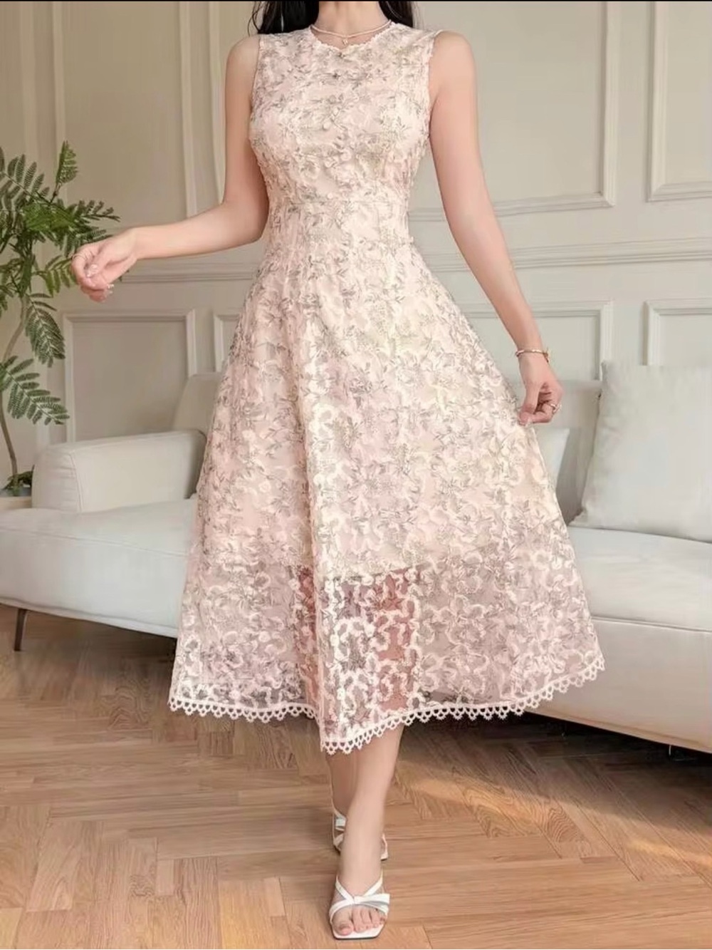 DAZY Women’s Classy Cottagecore Floral Print Round Neck Sleeveless Midi Dress S